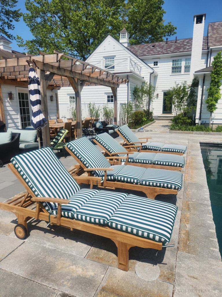 Teak Chaise Lounges (Sun Loungers, shown with cushions) - Goldenteak