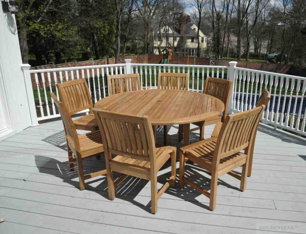 Traditional vertical slat back craftsmanship on a Goldenteak dining chair - teak slat back chair