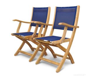 Teak Folding  Providence Chair with Sling Batyline Navy Fabric PAIR