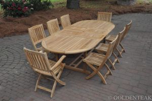 Outdoor Dining Set for 8, Premium Teak , Oval ext Table, 8 Teak  Folding Chairs