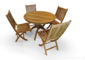 Teak Dining Set for 4 - Round Pedestal Table, Rockport Folding Chairs - Newport Collection