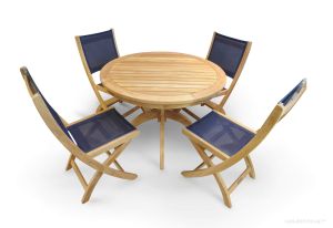 Teak Patio Set for 4 - Round Pedestal table, 4 Providence Sling Folding Side Chairs
