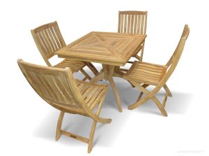 Teak Outdoor Dining Set for 4 - Pedestal Table and 4 Folding Side Chairs