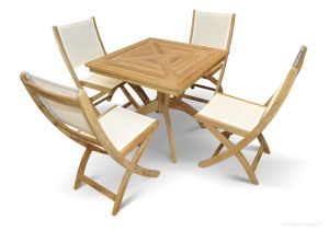 Teak Outdoor Dining Set for 4 - Pedestal Table and 4 Teak and Sling Side Chairs - Choose Color