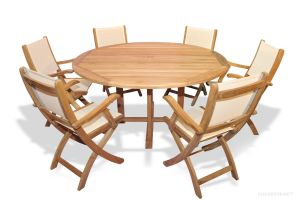 Teak Dining Set 60in Round Table and 6 Folding  Sling Arm Chairs -Choose Color