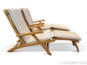 Teak Steamer Chair Chaise Lounge and Cushion Set - PAIR