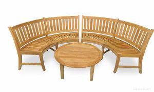 Teak Curved Bench Pair and Coffee Table Set - Estate Collection
