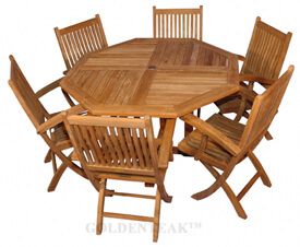 Teak Outdoor Dining for 6, Octagon Table , 6 Rockport Folding Dining Chairs