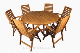Teak Dining Set, 60 in Round Table, 6 Teak Recliner Chairs