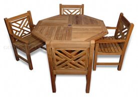 Teak Dining Set, Octagon Table 48 inch, 4 Chippendale  Dining Chairs