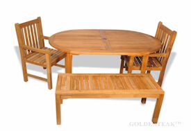 Teak Outdoor Dining Set, Oval table,  2 benches, two armchairs