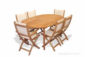 Teak Dining Set Oval Table 6 Cream Sling Folding chairs