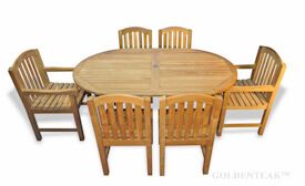 Teak Outdoor Dining Set for six, oval table,  two arm  chairs, four side chairs