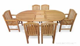 Teak Dining Set for 6, Oval Table, 6 Chairs curved top