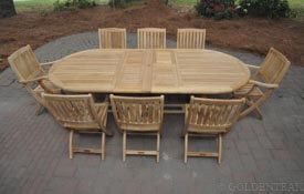 Teak Dining Set for 8- Oval Ext Table, 2 Folding Providence Chairs and 6 Folding Providence Side Chairs