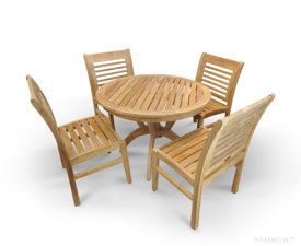 Patio Dining Set for 4, Teak Round Table and 4 Teak Side Chairs