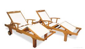 Teak Chaise Lounge with White Sling Fabric, adjustable back, knee bend and tray