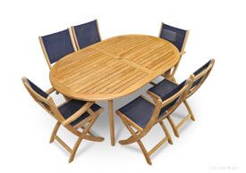 Teak Outdoor Dining Set - Oval Table - Folding Sling Chairs in Navy
