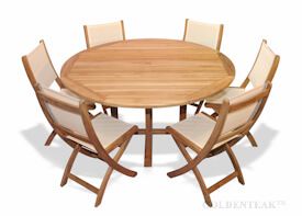 Teak Outdoor Dining Set for 6 - 60 in Table and 6 Folding Sling Chairs