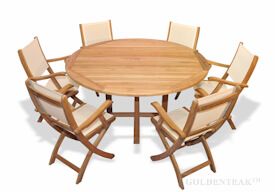 Teak Patio Dining Set for 6 - 60 in round table and 6 Folding Sling Chairs