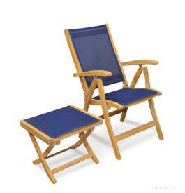 Teak and Sling Recliner Navy with Foot Stool