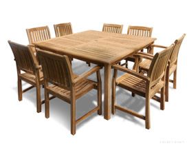 Teak 60in Sq Table and 8 Millbrook Chairs Outdoor Dining Set