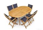 Teak Outdoor Dining Set - Oval Table - Folding Sling Chairs in Navy