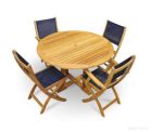 Teak Patio Dining Set for 4 Round Table Navy Sling Folding Chairs