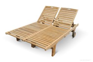 Teak Double Chaise Lounge with Wheels and Tray - Goldenteak