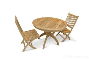 Teak Dining Set for 2 - Round Pedestal Table, Rockport Folding Chairs - Newport Collection