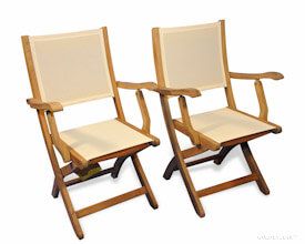 Teak Folding  Providence Chair with Cream Batyline Sling Fabric PAIR
