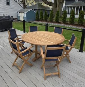 Teak Outdoor Dining Set - Round Table and 6 folding sling chairs -  Customer Photo GOLDENTEAK