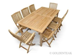 Teak Dining Set for 8 – 70” × 40” Harvest Table + 8 Providence Folding Chairs (2 Arm + 6 Side)