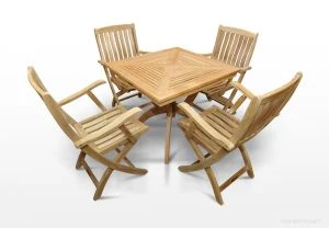 Teak Outdoor Dining Set for 4 – 31” Square Root Pedestal Table + 4 Providence Folding Arm Chairs