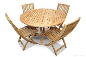 Teak Patio Dining Set for 4 - 6. 48-inch round table and 4 folding teak chairs.