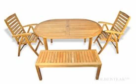 Teak Outdoor Dining Set for six, oval table, two benches, two recliners