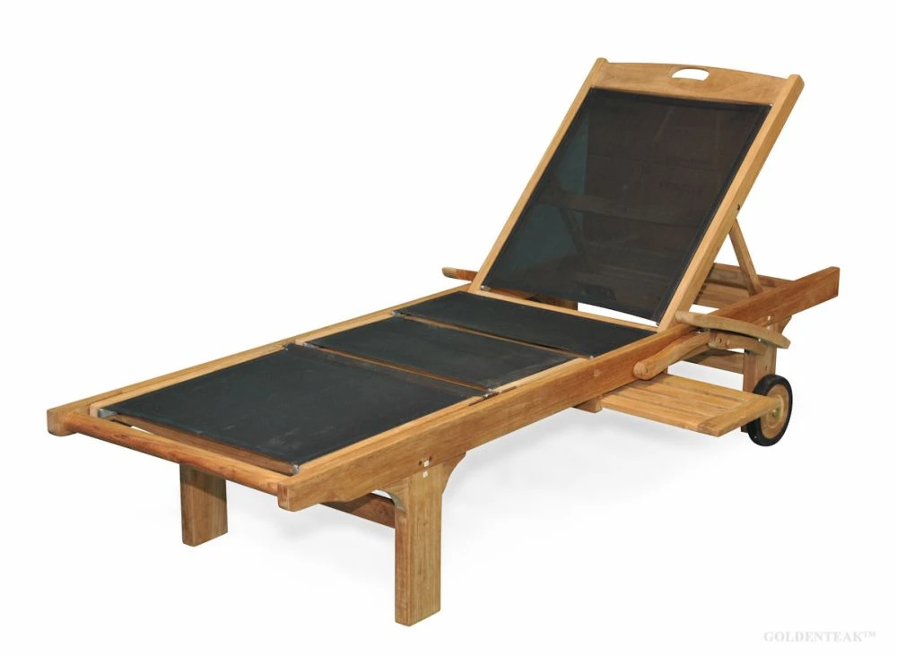 Teak and black Sling Chaise Lounger with arms PAIR knee bend and tray