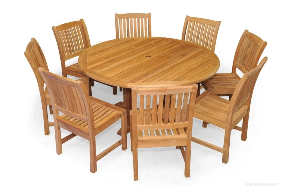 Teak Outdoor Dining Set for 8 60in Round Table 8 Chairs Premium Teak