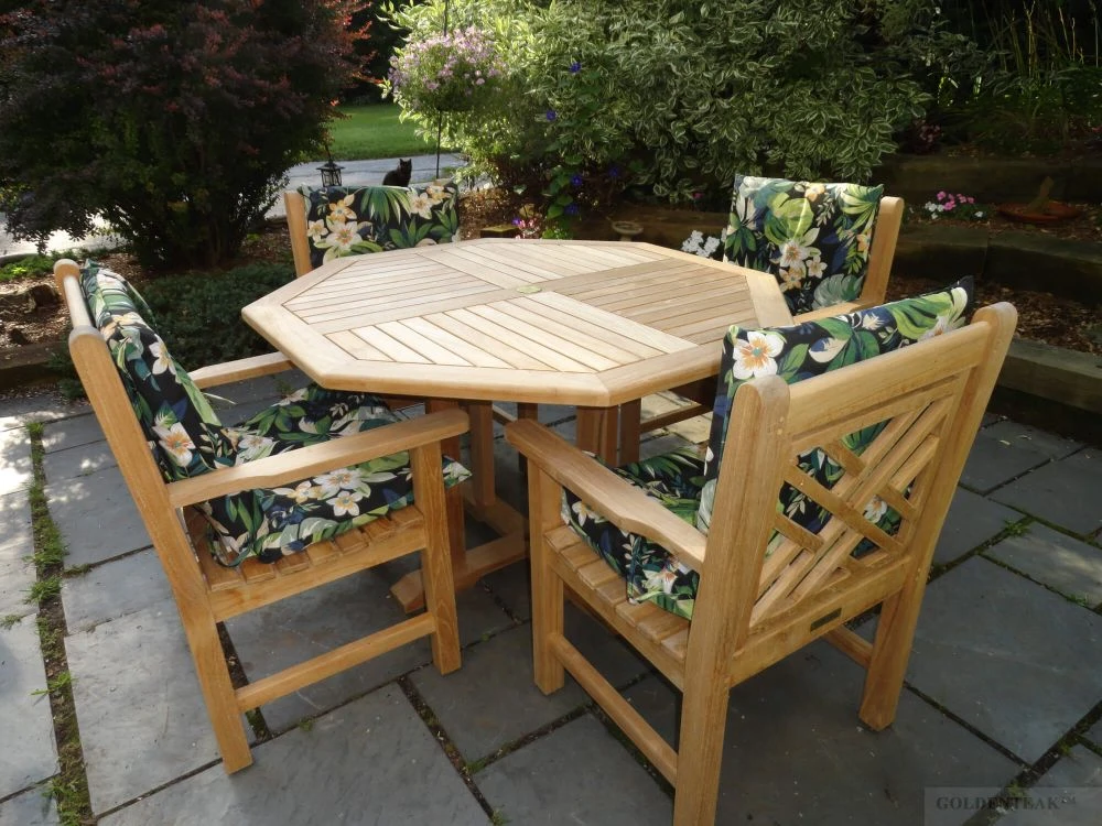 Teak Dining Set Octagon Table 48 inch 4 Chippendale Dining Chairs