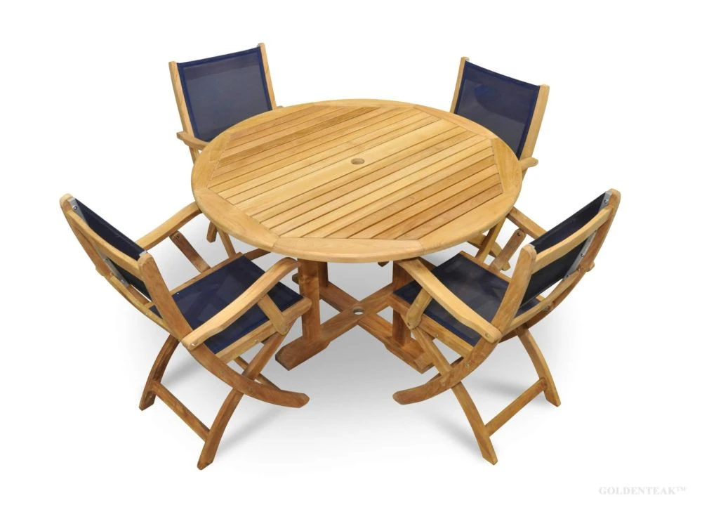 Round Teak Outdoor Dining Set with Mesh Folding Chairs