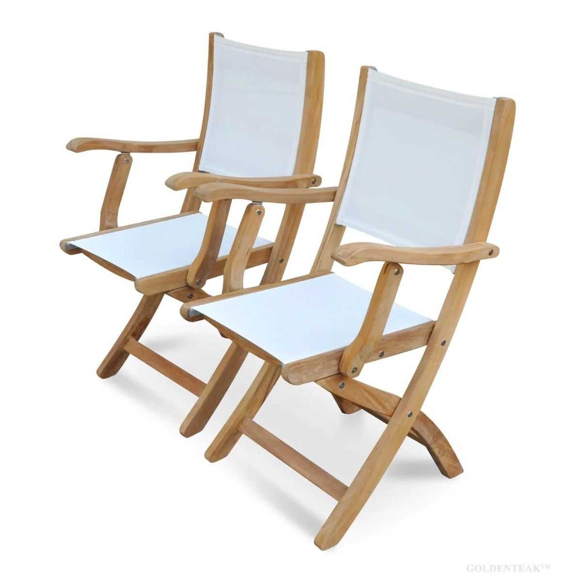 Teak Providence Folding Chair with arms Sling Fabric White