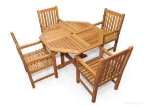 Teak Patio Dining Set, Octagon Table 48 inch,  4 Block Island Dining Chairs
