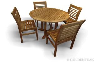 Teak Patio Dining Set for 4 - Round Table and 4 Westerly Side Chairs