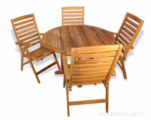 Teak Outdoor Dining Set with round table and four reclining chairs