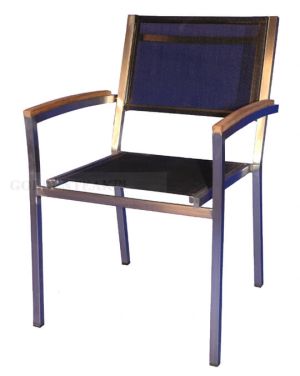 Teak, Stainless and Sling Stacking Chairs Set of 6
