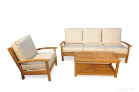 Teak Deep Seating Conversation Set with Sofa, Club Chair and Large Coffee Table.