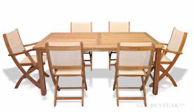 Teak Patio Dining Set for 6, Rect Table and 6 Cream Sling Chairs