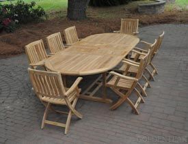 Teak Oval Ext Table and Folding Dining Chair Set for 8