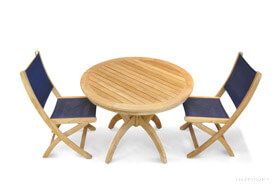 Teak Dining Set for 2 - Round Pedestal Table, 2 Sling Folding Side Chairs - Goldenteak