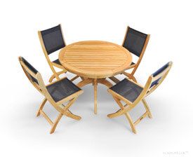 Teak patio Set for 4 - Round Table, 4 Sling Side Folding Chairs - Goldenteak